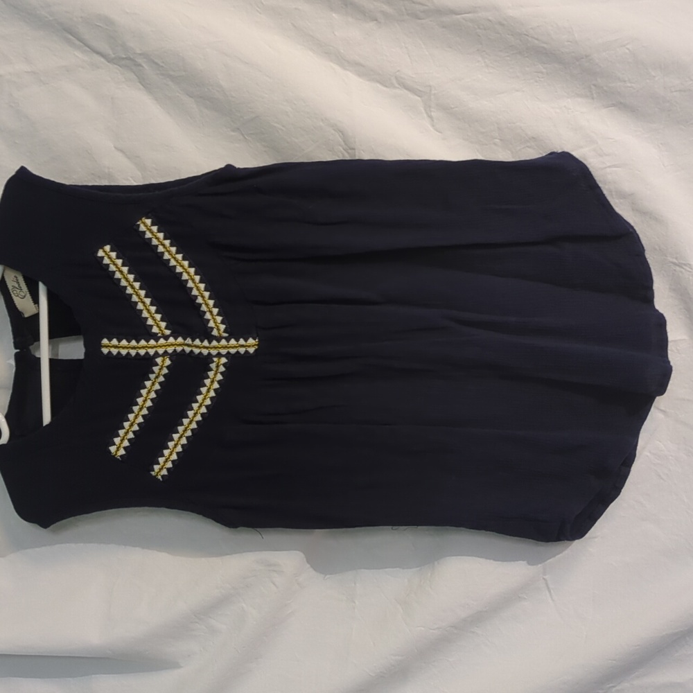 Elodie | Navy Sleeveless Top with Embroidered Trim Navy Blue Crinkled | M